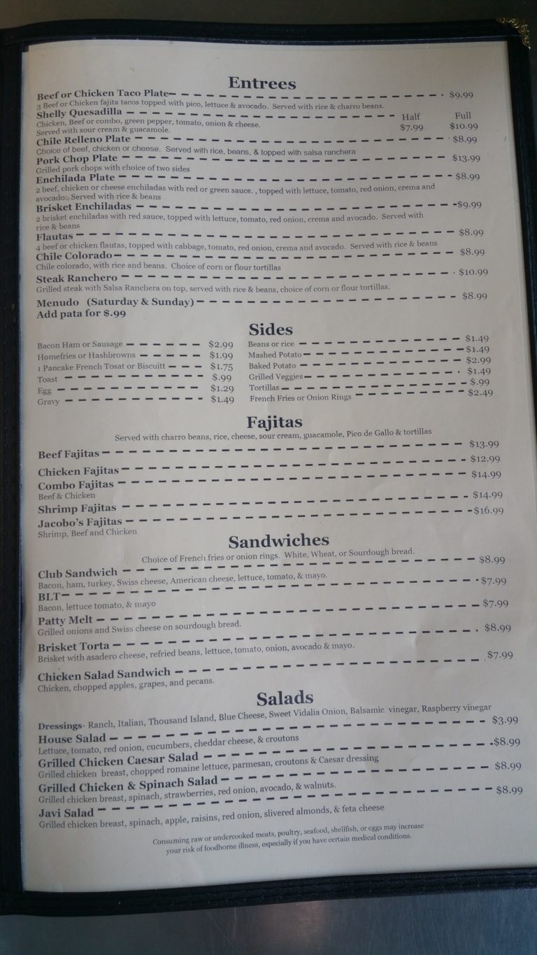 Jacobo’s Cafe Menu – Amarillo Menu